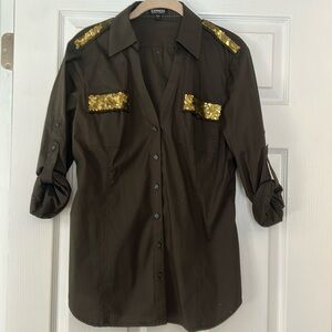 Stretchy button down shirt with sequins